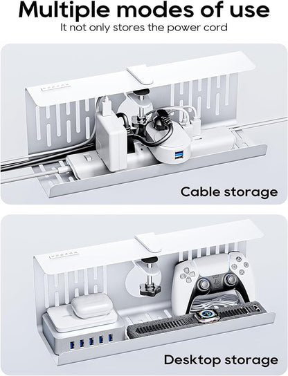 NODOCA No Drill Under Desk Cable Management Tray, 14'' Wire Management, Punch-Free Clamp on, Metal Cable Tray, Wire Organizer, Under Desk Basket for Office and Home, White