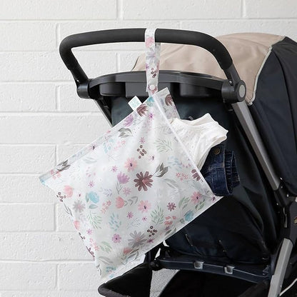 Bumkins Waterproof Wet Bag for Baby, Travel, Swim Suit, Cloth Diapers, Pump Parts, Pool, Beach, Gym Clothes, Toiletry, Hook to Stroller, Daycare, Zipper Reusable Wetdry Packing Pouch, Florals Gray