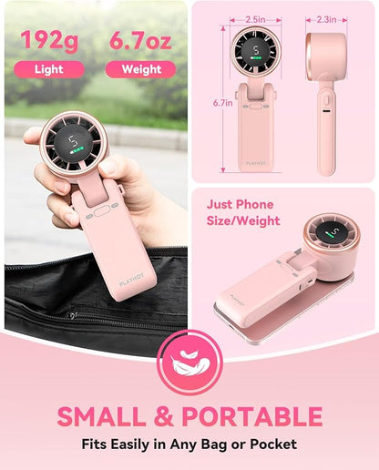 Portable Handheld Turbo Fan, 5-Speed Personal Fans, 5000mAh Rechargeable Fans Up to 12 Hours, Weight only 0.6lb Small Fan, Hand/Neck/Desk Fan 3 IN 1, Beach Vacation Essentials(Pink)