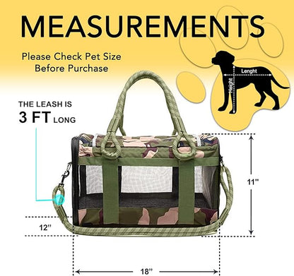 FLUFFY COMMUTE™ TSA Airline Approved Dog Carrier | Soft-Sided | Fits Small Dogs & Pets Up to 15 lbs & 17” Long × 11” Tall | Camo w/Green Handle