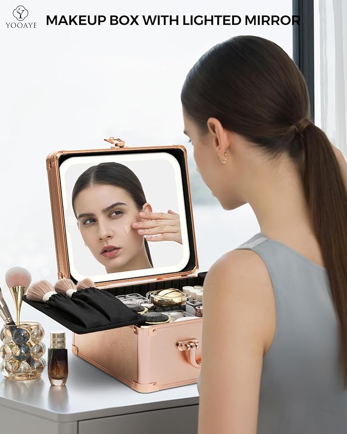 Makeup Box with Detachable Lighted Mirror–Travel Train Case, Cosmetic Storage Organizer & Makeup Suitcase with Adjustable Dividers & Magnetic LED Mirror (Rose Gold)