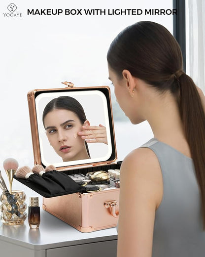 Makeup Box with Detachable Lighted Mirror–Travel Train Case, Cosmetic Storage Organizer & Makeup Suitcase with Adjustable Dividers & Magnetic LED Mirror (Rose Gold)