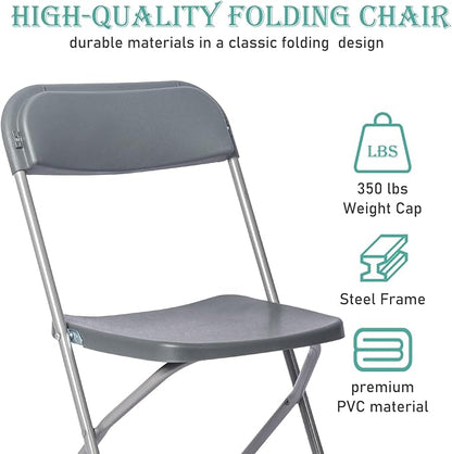 50 Pack Plastic Grey Folding Chairs,Portable Party Chairs Stackable Commercial Seats with Steel Frame for Office Home Outdoor Indoor Wedding Party Patio Dinning Events,350lbs Capacity