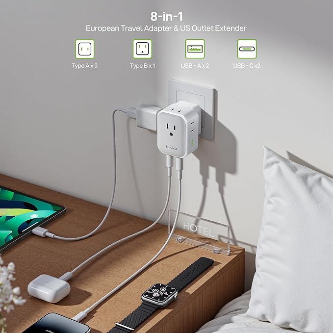 EPICKA Hybrid European Travel Plug Adapter, Foldable & Detachable Type C (EU) VisaPlug, 8-IN-1 International Power Adapter with 4 USB Ports (2 USB-C PD 20W) - Travel Essentials for US to Europe, White