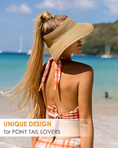 FURTALK Sun Hats for Women Wide Brim Beach Hat Straw Visor Ponytail Summer UV Packable Foldable Beach Vacation Essentials