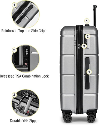KYME Luggage Sets 2 Piece Suitcase Set Hardshell 20 inch/24 inch Luggage with Spinner Wheels Hardside PC+ABS Checked Large Suitcase with TSA Lock for Men Women Silver Grey