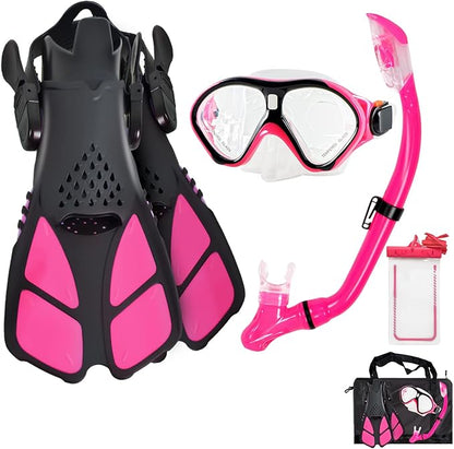 Kids Snorkeling Set Children Mask Fin Snorkel Set Snorkeling Gear Snorkel Mask + Adjustable Swimming Kids Flippers+ Dry Snorkel Tube + Travel Bags