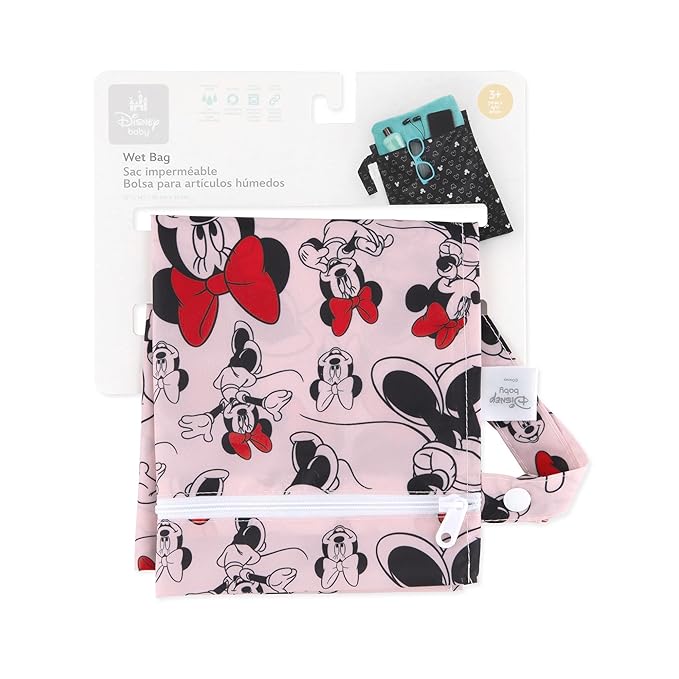 Bumkins Disney Waterproof Wet Bag for Baby, Travel, Swim Suit, Cloth Diapers, Pump Parts, Pool, Beach, Gym Clothes, Toiletry, Hook to Stroller, Daycare, Zip Reusable Wetdry Packing Pouch, Mickey Mouse