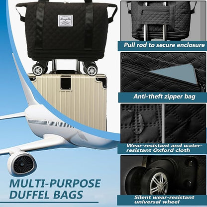 Rolling Duffle Bag with Wheels and Handle, Expandable Foldable Luggage Bag Black