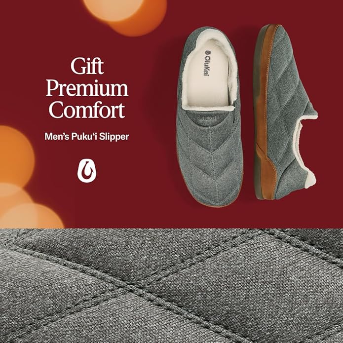 OLUKAI Puku'i Men's Fleece Slippers, Comfortable Activewear Slippers, Premium Full-Grain Leather & Jersey Knit, Drop-In Heel & All-Day Comfort