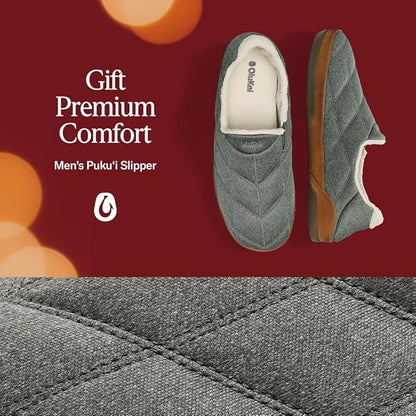 OLUKAI Puku'i Men's Fleece Slippers, Comfortable Activewear Slippers, Premium Full-Grain Leather & Jersey Knit, Drop-In Heel & All-Day Comfort