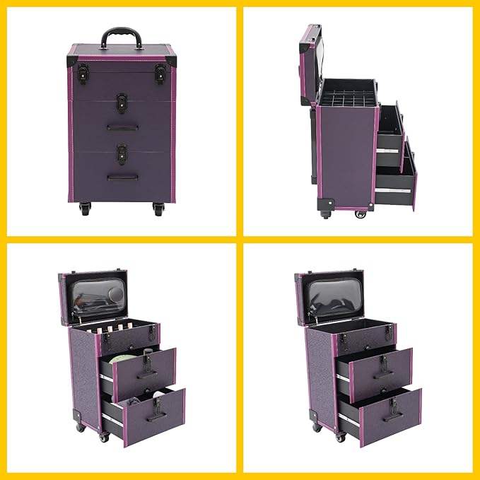 Rolling Makeup Case w/ 4 Keys, 3-tier Lockable Makeup Train Case w/ Drawers, Detachable Nail Polish Organizer, Wheeled Travel Cosmetic Case w/ 3-gear Telescopic Rod, 14.1*9*22.4in, Black Latch+Purple