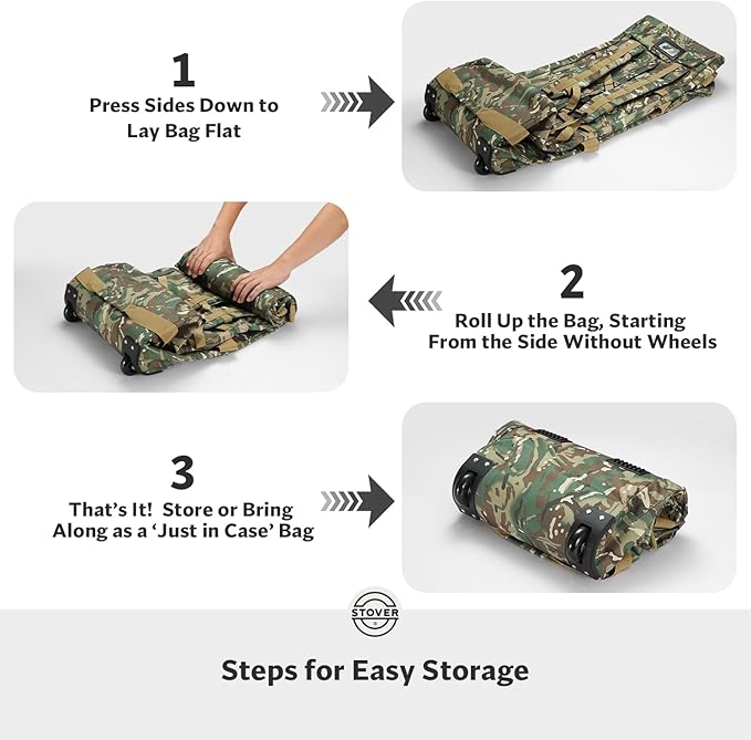 STOVER 100L Rolling Duffel Bag with Wheels, X-Large Durable Travel Duffle + Toiletry Bag, Heavy Duty, Packable with Shoulder Straps- Use as Luggage or Backpack (Camouflage)