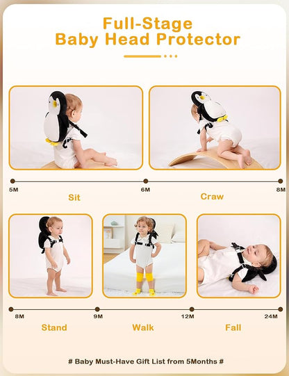 JunNeng Baby Head Protector Backpack, Toddler Walking Fall Head Protection, White Black Penguin