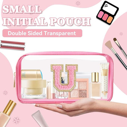 Small Clear Personalized Initial Makeup Bag, Preppy Nylon A-Z Chenille Letter Patch Makeup Organizer TSA Approved Travel Toiletry Bag,Waterproof Zip Beach Cosmetic Pouch Purse for Women(Pink-Pink U)