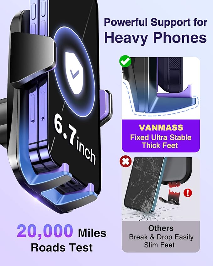 VANMASS 【85+LBS Strongest Suction & Military-Grade】2025 Ultimate Car Phone Mount【Patent Safety Certs】Cell Phone Holder Truck Stand Dashboard Windshield Vent for iPhone 16 15 Pro Max 14 Samsung, Purple