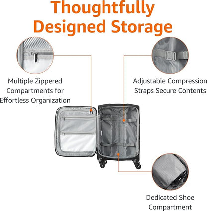 Amazon Basics 20" Luggage, Softside Suitcase With TSA Lock, 8 Spinner Wheels, Front Exterior Pocket, 3 Interior Pockets For Dry and Damp Clothes/Towels Separately, Black