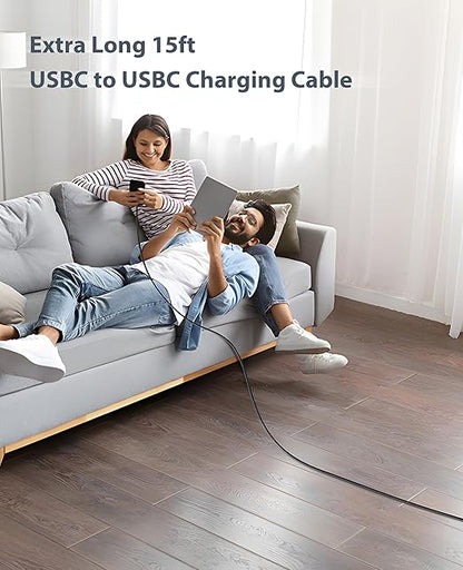 Extra Long USB C to USB C Cable 100W [15ft/2 Pack] Charger Cable Fast Charging Compatible with iPhone 17/17 Pro Max, iPhone 16 Series, iPhone 15 Series, Galaxy S24/S23/S22, Car Play, MacBook, iPad