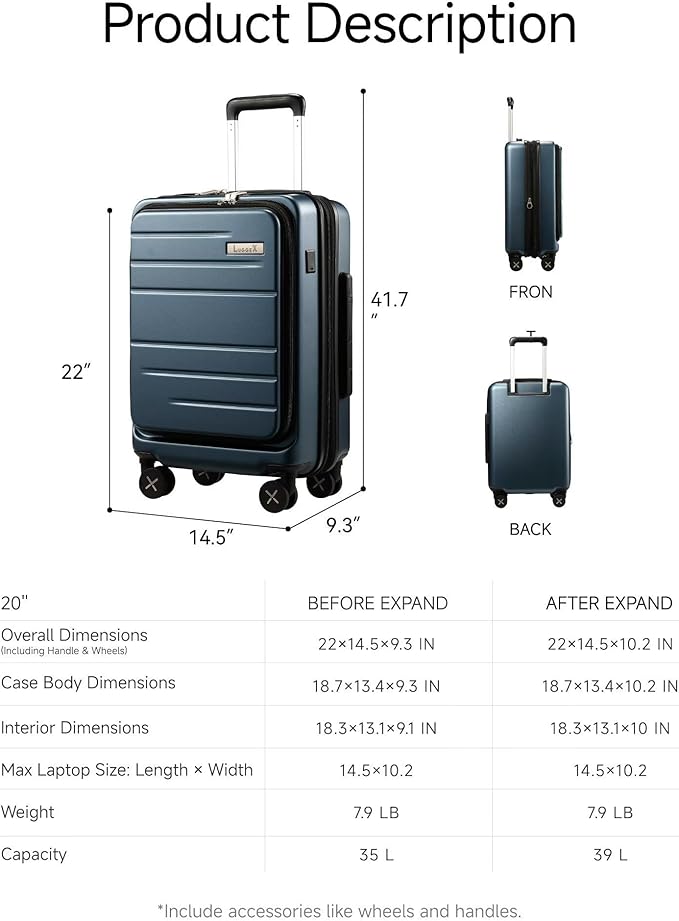 LUGGEX Carry On Luggage 22x14x9 Airline Approved, Expandable Polycarbonate Suitcase with Front Pocket and USB Port (Pink, 20 Inch, 35L)