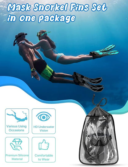 Zenoplige Mask Fins Snorkel Set, Snorkeling Gear for Adults, Panoramic View Snorkel Mask Anti-Fog, Adjustable Dive Flippers, Dry Top Snorkel and Travel Bag, Scuba Gear for Swimming Snorkeling Diving