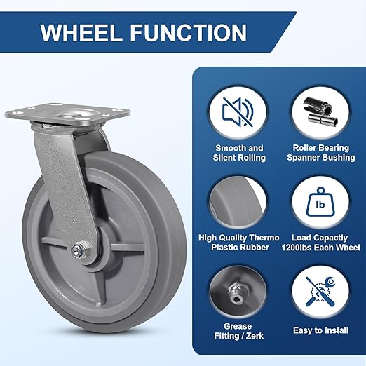 8"x2" Rubber Wheels (Flat Tread)- Heavy Duty Casters, Industrial Caster Wheels- Set of 4 with up to 4800 LB Capacity- Use for Dollies, Workbench(4 Swivel)