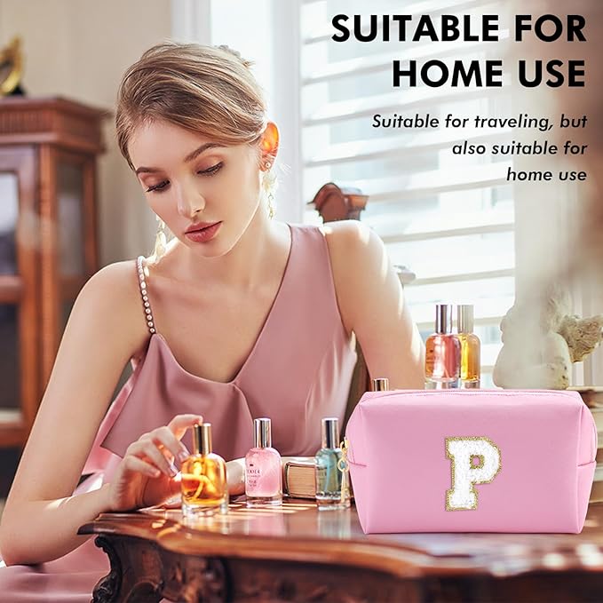 Initial Makeup Bag Personalized Preppy Travel Small Cosmetic Bag Cute PU Pink Chenille Letter Makeup Pouch for Purse Waterproof Zippered Toiletry Organizer for Women Girls Kids Friends (P)