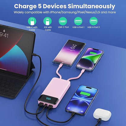 Portable Charger 40800mAh Power Bank with 3 Built-in Cables,PD 25W USB C in&Out Power Bank Fast Phone Charging,QC4.0 5 Output Travel Camping Essential Battery Pack for iPhone 17/16,Samsung etc-Peach