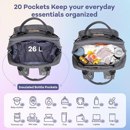 RUVALINO Diaper Bag Backpack, Multifunction Travel Pack Maternity Baby Changing Bags, Large Capacity, Waterproof, Dark Gray