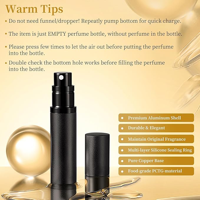 2PCS Perfume Travel Refillable Bottle, Bottom-Filling Fragrances Perfume Atomizer, Empty Mini Cologne Dispenser, Portable Sprayer Pocket Size for On the Go 5ml (Black & Champagne Gold)