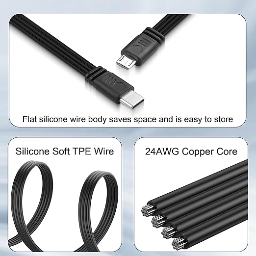 Flexible USB Type-C to Micro USB Cable,Micro 5pin to USB C Flat Data Cable,Type C-to-Micro Short Flat Cable Supporting Charging& DataTransfer,for Phone,Camera,Laptop-30CM(Straight)