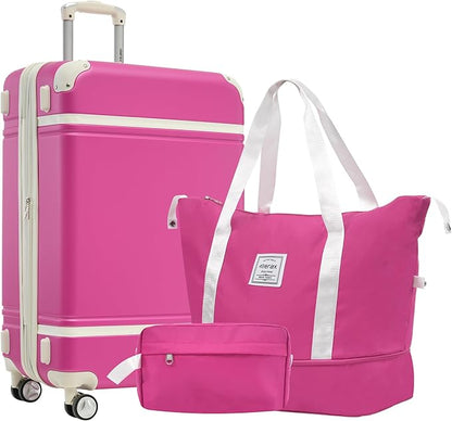 Merax Luggage Set,24 IN Hardside Suitcase with Duffel Bags,3 Piece Expandable Luggage with Spinner Wheels, Vintage Luggage with TSA Lock Lightweight,(Pink)