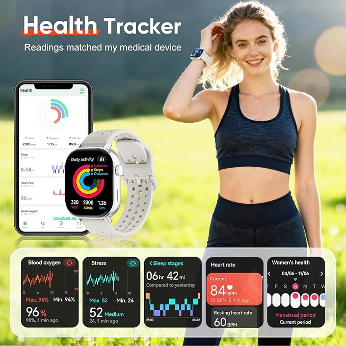 Fitness Tracker Smartwatch for Women & Men, Built-in GPS, 2.06" AMOLED for Calls, Heart Rate Blood Oxygen Sleep Monitor, 170+ Sport Modes, Waterproof with 2 Bands (Silver)
