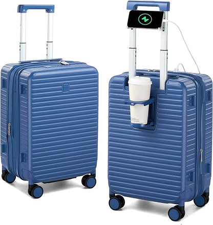 Hard Shell Suitcases 20 Inch Carry on Luggage Airline Approved, Expandable Travel Luggage with Cup Holder Charger Built in Lightweight Small Suitcase with Wheels, Interstellar Blue
