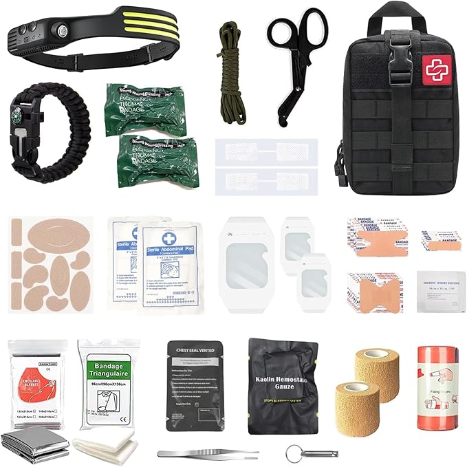 IFAK Trauma First Aid Kit, Hemostatic Gauze to Control Severe Bleeding, 6” Israel Compression Bandages, Emergency Wound Closures Adhesive Bandages, Deep Green (Black)