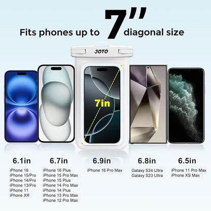 JOTO Up to 7" Universal Waterproof Phone Case for iPhone 17 Air 16 15 14 13 12 11 Plus Pro Max, IPX8 Cellphone Dry Bag XR X SE, Galaxy S23 S22 S21 S20+ S20 S10 Plus Note, Pixel -White