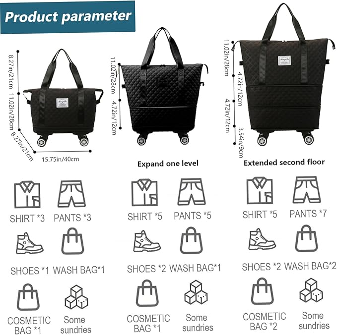 Rolling Duffle Bag with Wheels and Handle, Expandable Foldable Luggage Bag Black