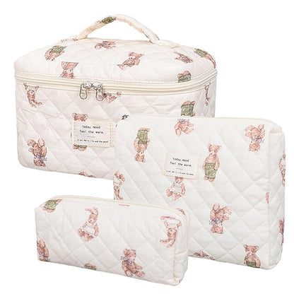 Makeup Bag,Quilted Cosmetic Bag,Large Floral Make Up Bag for Women,Cotton Makeup Bag Set,Flower Travel Toiletry Bag