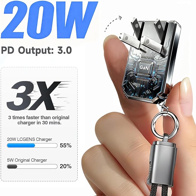 USB C Charger for iPhone 16/15 Charger Fast Charging,GaN Keychain Design Fast Wall Charger Block with USB C to C & C to Lightning Cable,Christmas Gift for men,Foldable and Compact for iPhone(Black)