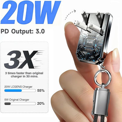 USB C Charger for iPhone 16/15 Charger Fast Charging,GaN Keychain Design Fast Wall Charger Block with USB C to C & C to Lightning Cable,Christmas Gift for men,Foldable and Compact for iPhone(Black)