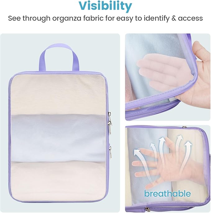 Cambond Mesh Compression Packing Cubes - 6 Set See Through Clear Packing Cubes with Shoe Toiletry Bag for Suitcase, Expandable Travel Cubes for Packing Organizers Travel Accessories, Purple