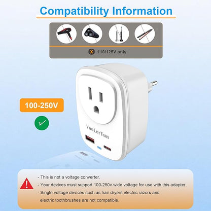 Type C Plug Adapter, VooLerTun Frence Germany Travel Adapter with 30W Fast Charge Power Adapter Dual Ports Compatible iPhone 17/16 Series, 1 American Outlet Adapter, US Converter for European Travel