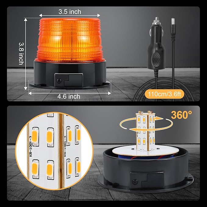 Magnetic Wireless Beacon Light, Amber Rechargeable Strobe Lights for Trucks, Waterproof Flashing Emergency Safety Warning Light for Construction Vehicles Snowplow Tow Work Trucks Postal Mail Cars
