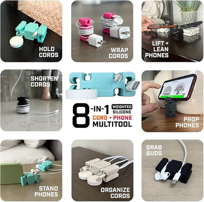 CordBrick Stocking Stuffers for Adults Cord Management Weighted Cord Holder Cable Wrap Phone Stand - Multiuse Gadget Organizer for Nightstand, Desk. Gift for Men, Durable Silicone. 1pk Black