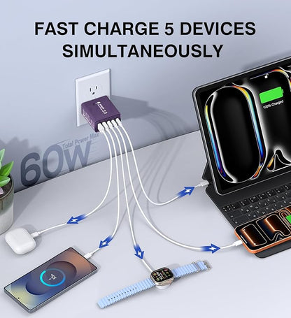 [2Pack] 60W USB C Plug,5-Port Fast Charger Block PD+QC Cube Wall Charging Box Brick for iPhone 17/16/15/14/13 for Samsung Galaxy S25/S24/S23/S22/S21+/S21 Ultra, Magsafe Wireless Charger,(Purple)
