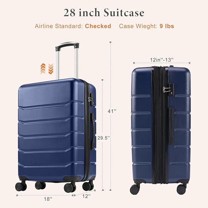 Sweetcrispy Carry on Luggage, Hard Shell ABS Suitcase with Double Spinner Wheels, Lightweight Expandable Rolling Suit Case with TSA Lock, 28 Inch Navy Blue