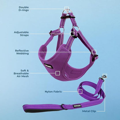 Best Pet Supplies Voyager Mesh Dog Breathable Harness Reflective Stitching, All Weather Adjustable for Walking Training, or Running - Heavy Duty & Durable, Harness Leash Set (Purple), S
