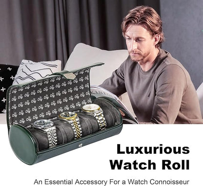 DUKWIN Watch Roll for 3 Watches,Vegan Leather Travel Watch Case Organizer with Removable Pillows for Men and Women,Display Case for Watches Collection & Gift for Anniversary Birthday(Green Storag Box)