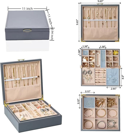 2-layer jewelry box，Jewelry Organizer with Handle，with hanging necklace hooks, detachable jewelry trays, suitable for storing a large amount of jewelry gift box (Large-Grey)