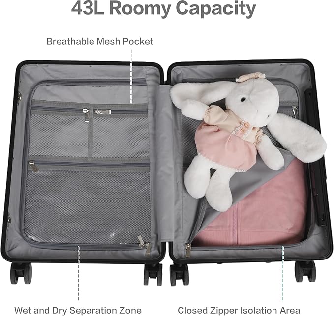 smilesun 20" Carry On Luggage with Seat For Kids & Adults，Hardside Ride On Suitcase Front Opening with 360°Spinner and TSA Lock For Travel (Black with Front Open, 20")