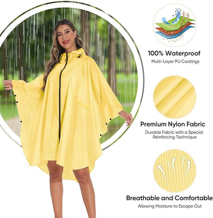 PTEROMY Hooded Rain Poncho for Adult with Pocket and Zipper, Waterproof Lightweight Raincoat for Men and Women